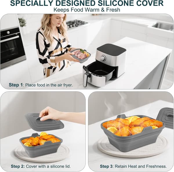 Sammenfoldelig silikone airfryer-indsats, 8,2 tommer (ca. 21,9 cm), pande til 5,8 til 8 quarts (ca. 21,9 cm), bageplade, ovntilbehør, grå 2 STK.
