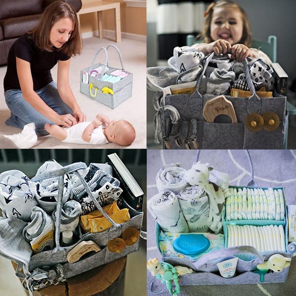 Diaper Caddy Foldable Baby Diaper Pail Organizer, Portable Nursery Storage Basket with Interchangeable Compartments (Light Grey)