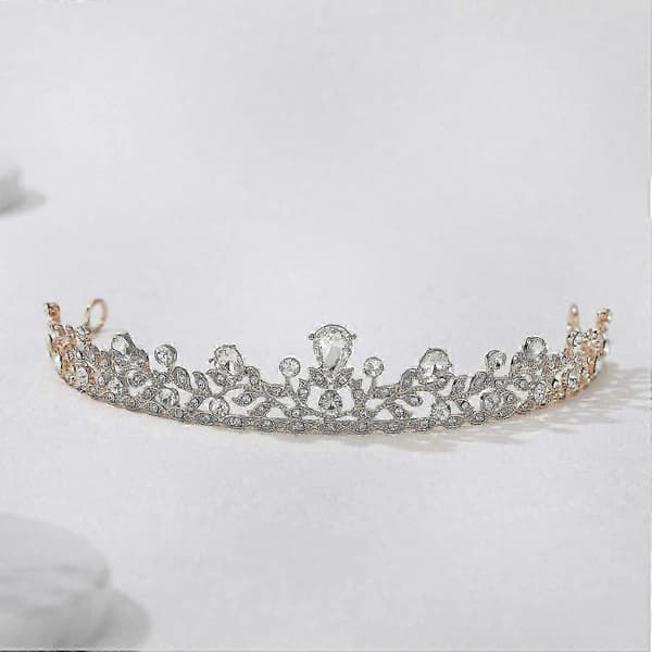 Krystallkrone Prinsesse Tiara Rhinestone Blad Bryllupshårtilbehør i Rosegull Brudehodeplagg