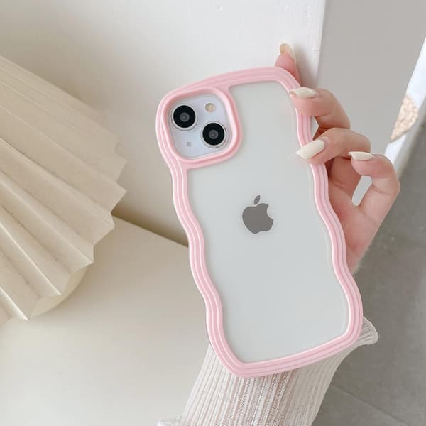 Compatible with iPhone 13 Case/iPhone 14 Case, Cute Curly Wavy Frame Clear Case, Transparent Soft Silicone - Pink