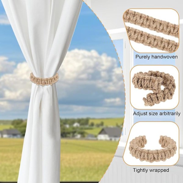 6-pack Braided Curtain Tiebacks Boho Elegant Rustic Curtain Holders Tiebacks Holder Set Simple Light Drapes Decorative Accessories Handmade