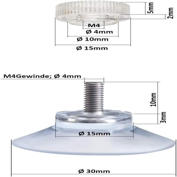 Eight suction cups with 30 mm diameter, M4x10 mm threads and a knurled nut.
