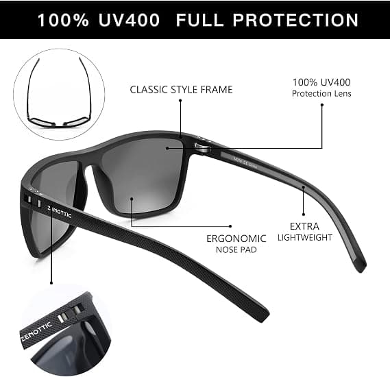 Polarized Sunglasses for Men, Lightweight TR90 Frame, UV400 Protection, Square Sunglasses