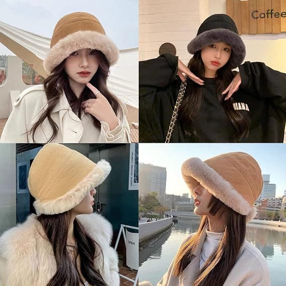 Women's Plus Velvet Thickened Bucket Hat, Winter Warm Solid Color Foldable Soft Faux Fur Cap