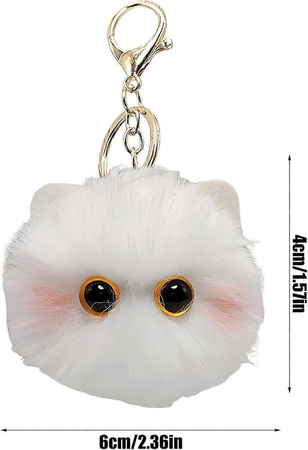 Sød Kat Plys Nøglering med Blød Fluffy Tekstur til Tasker, Yndigt Katte Design, Hvid