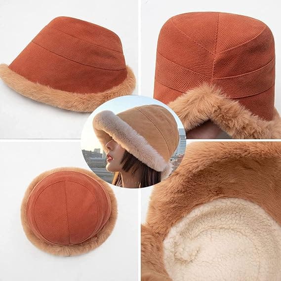Women's Plus Velvet Thickened Bucket Hat, Winter Warm Solid Color Foldable Soft Faux Fur Cap
