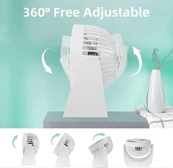 Lydløs bordventilator, USB-ventilator, 3 hastigheder, 360° rotation, lille bordventilator