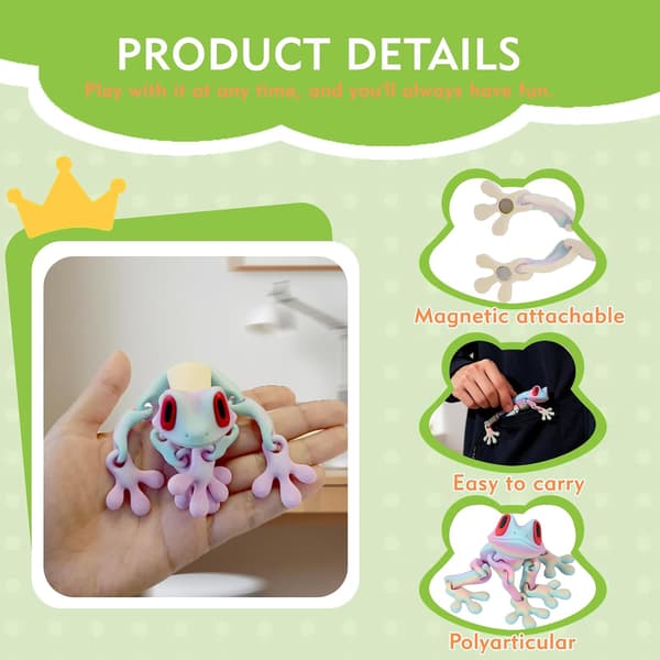 3D-printad ledad grodmagnet, rörlig led kylskåpsdekor, färgglad 2-pack