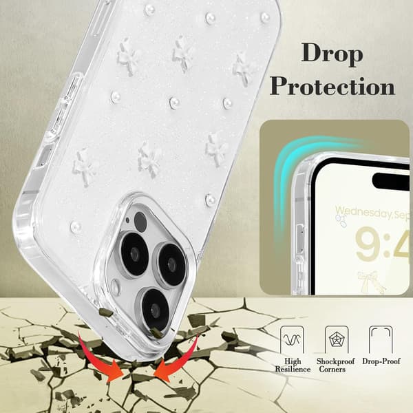 Case for iPhone 14 Pro, Bling Glitter 3D Bow Phone Case Cute Glittery Crystal Clear Bow Slim Soft Durable Protective Cover White White_tfrf White