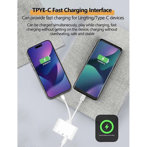 Til Apple Interfaceg/Type C til USB 3.0/3.5mm/Type C OTG Adapter 3.5mm Audio Jack Splitter til iPhone/iPad med opladning White