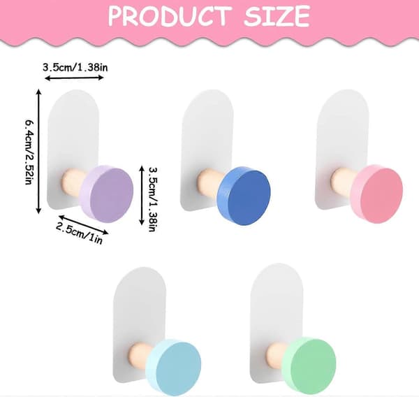 5 Pcs Kids Hook, Self-Adhesive Round Wooden Hook Without Drilling Multifunctional Self-Adhesive Hook for Kitchen Utensils Keys