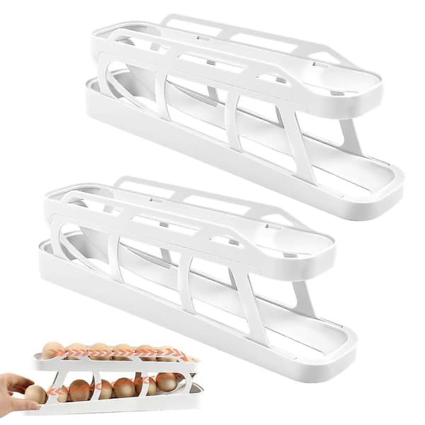 Egg Dispenser for Refrigerator, Automatic Egg Roller, Refrigerator Rolling Egg Holder, Automatic Rolling Egg Storage Container for Kitchen white 2pcs