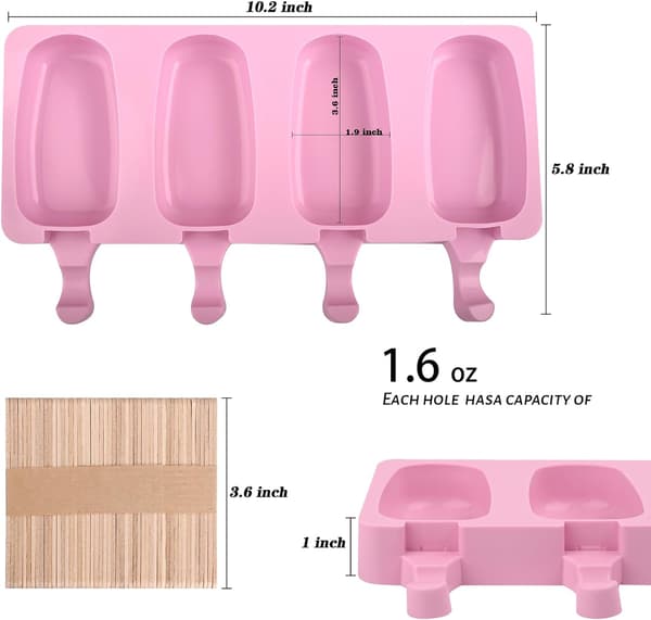 Ispinneformer i silikonsett, 2 stk isform (standard størrelse/rosa) | med 50 trepinner for kakekjeks, ispinne,