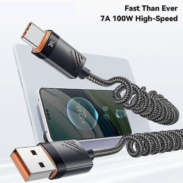 Essager Fjäderdatakabel USB-A till Typ-C 100W 7A Snabbladdningskabel 1,2m