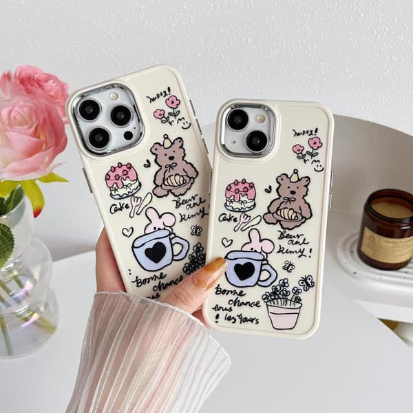 Cute Cartoon Bear Rabbit Cake Flower Pot Soft Phone Case Compatible with iPhone Case (White, for iPhone 16 Pro Max)