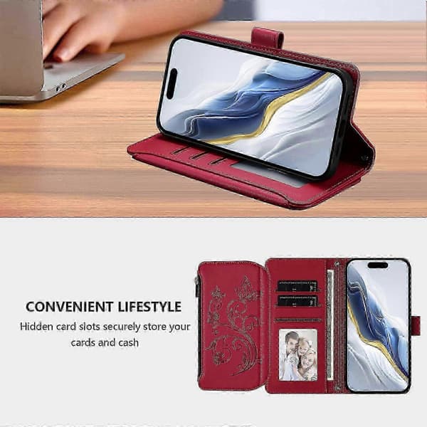 Plånboksfodral för iPhone XR Broderad Fjäril 5 Kort ..._c* Red
