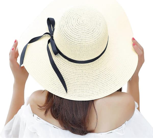 Women's Wide Brim Straw Sun Hat, Foldable, Roll-up, UPF 50+, Summer Beach Hat - White