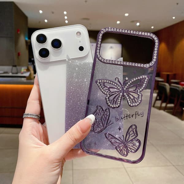 Etui til iPhone 17 Pro Max, rhinstenssommerfugldekoration, TPU-bagside, sølv