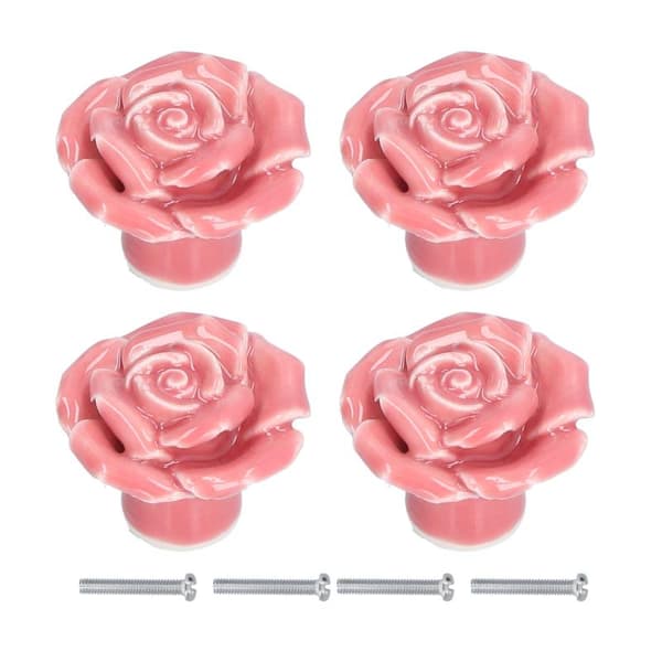 4-pack Pink Rose Shaped Handles Modern Ceramic Cabinet Knobs for Living Room Bedroom