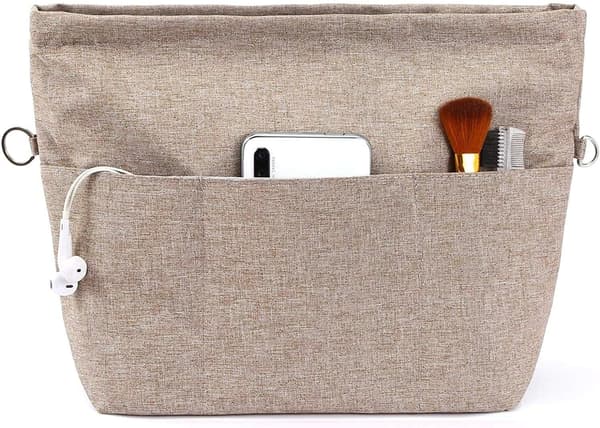 Handbag Organizer, Tote Bag Insert with Multiple Compartments and Zippers, Sturdy Bag Insert with Keychain. Light Brown, M M