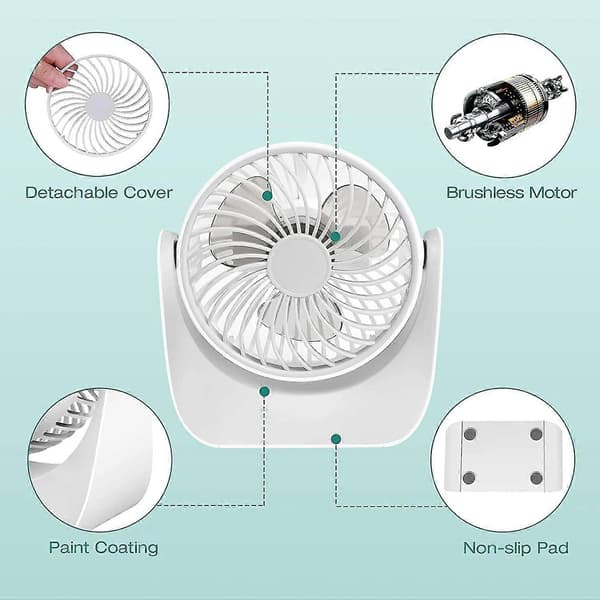 Lydløs bordventilator, USB-ventilator, 3 hastigheder, 360° rotation, lille bordventilator