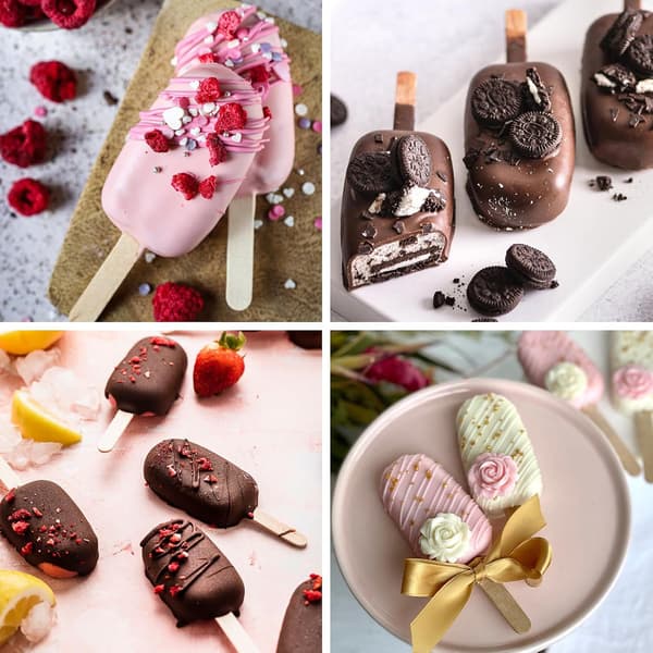 Sæt med ispindeforme i silikone, 2 stk. isforme (standardstørrelse/pink) | med 50 træpinde til cake pops, ispinde,