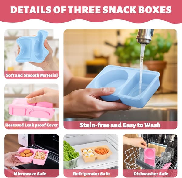 3-delt genanvendelig silikone snackbeholder med låg og dobbelt rum (3P)