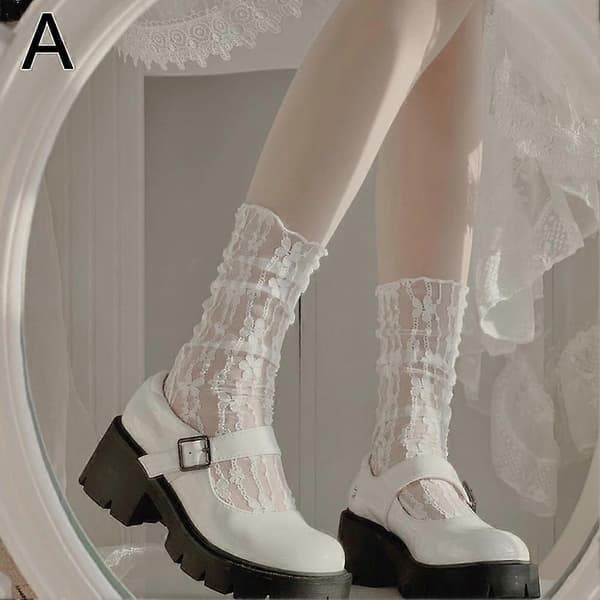 Sommer Tynne Motesokker Mesh Blondesokker Dame Rufflesokker Midtkalv A7B4 white onesize