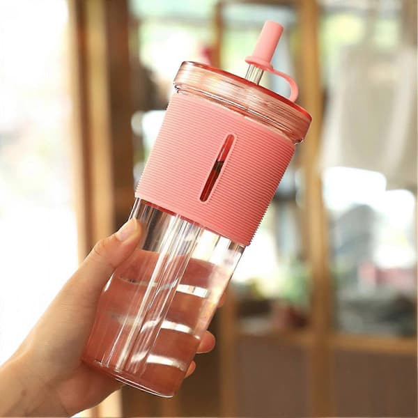 Dubbelväggig kopp – Isolerad plast med sugrör – för iste, kaffedrycker Khaki