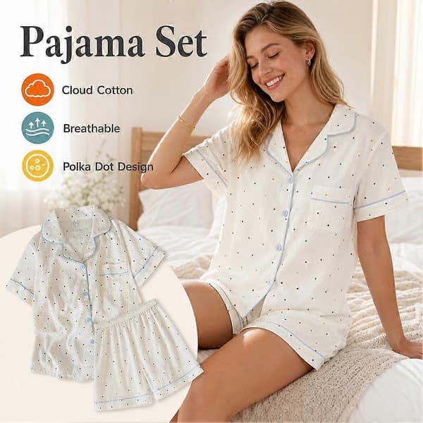 Pyjamas i molnbomull – knäppt topp med resår i midjan för kvinnor – sommar White XL