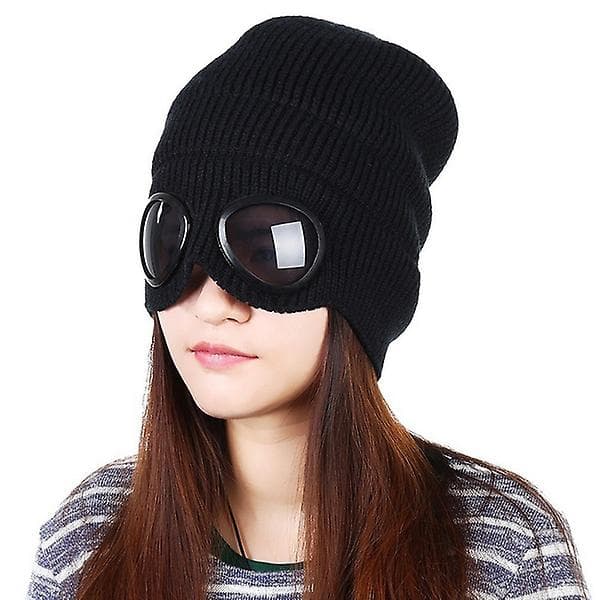 Unisex Varm Vintermössa Stickad Ull Tjock Mössa Glasögonmössa black