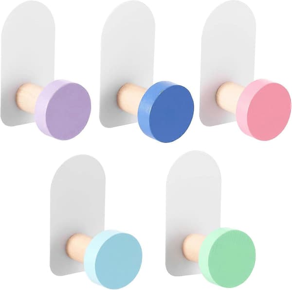 5 Pcs Kids Hook, Self-Adhesive Round Wooden Hook Without Drilling Multifunctional Self-Adhesive Hook for Kitchen Utensils Keys