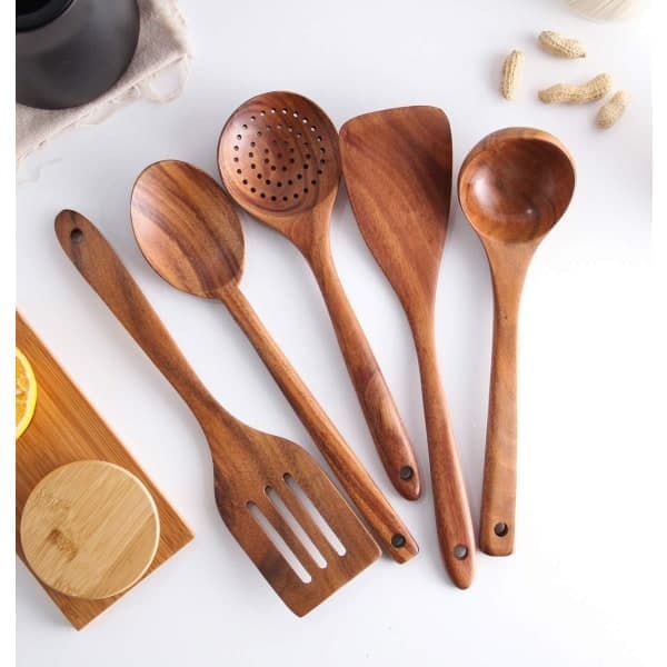 Healthy Kitchen Utensil Set, Wooden Utensils and Wooden Storage Container (6-Pack)
