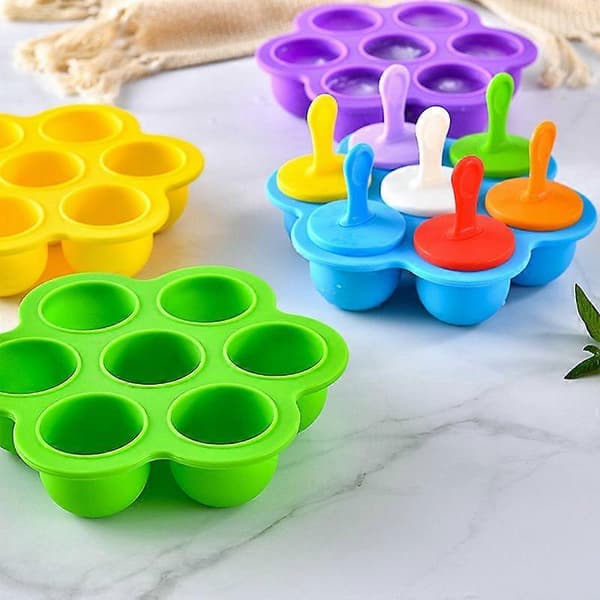 Dww-1 Grøn 7-hulrums silikone ispindeform med plastikpinde, BPA-fri mini ispindeforme, multifunktionel form til børn
