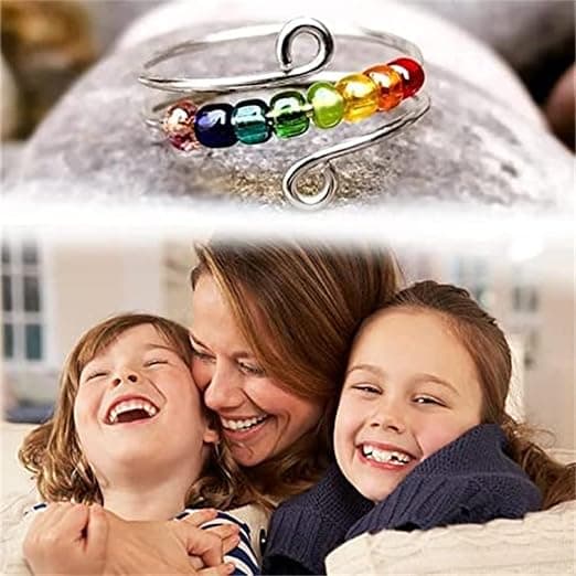 Drive Away Your Anxiety with Rainbow Beads Fidget Ring, Beads Spinner Ring, Adjustable Opening