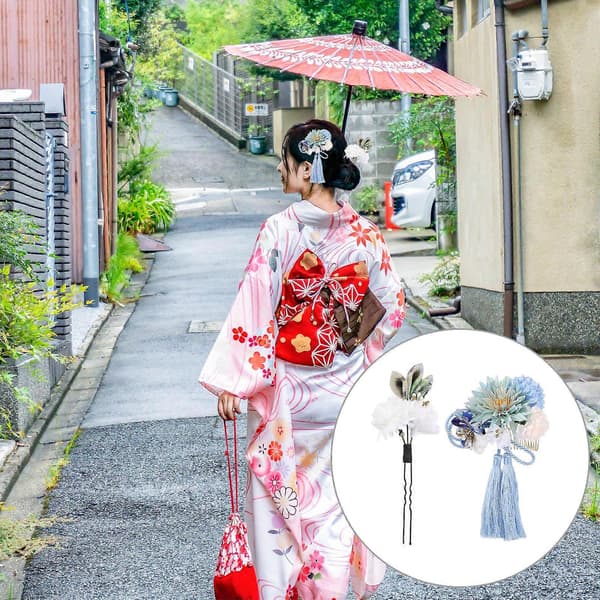 Bröllopshårkammar Blå Blomma Tofs Design Japansk Stil 2st