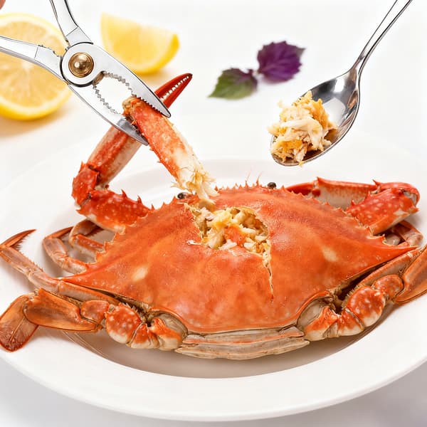 Krabbebestik og -tang i rustfrit stål, et todelt sæt til at spise krabber.