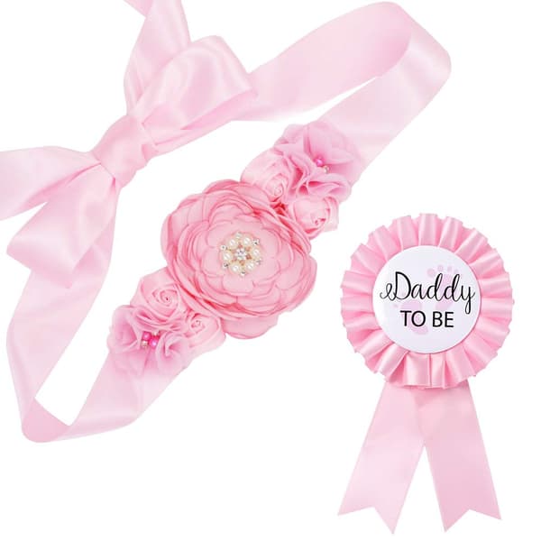 Dekorativt belte og blikkmerke for babyshower for gutter (rosa) 2 deler