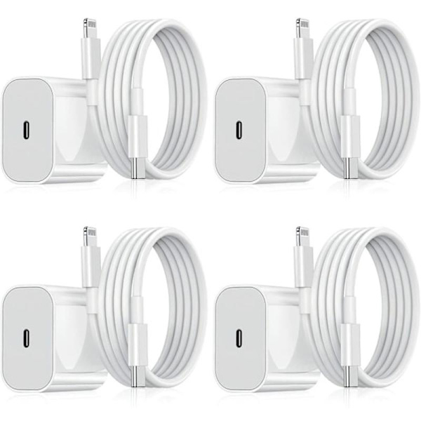 4-pakning iPhone-lader – Hurtigladeradapter + USB-C 20W Hvit iPhone 4-pack