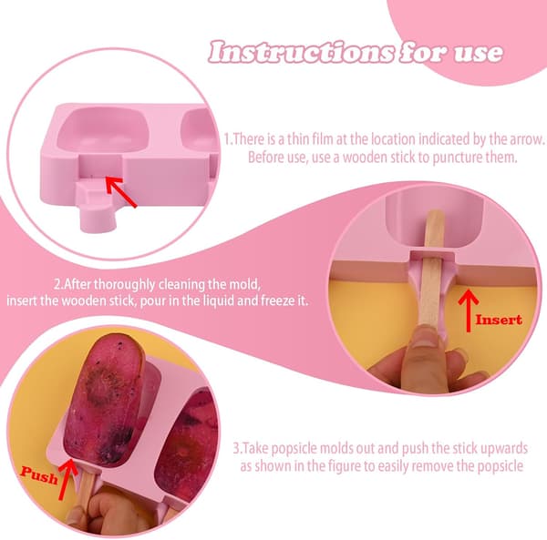 Sæt med ispindeforme i silikone, 2 stk. isforme (standardstørrelse/pink) | med 50 træpinde til cake pops, ispinde,