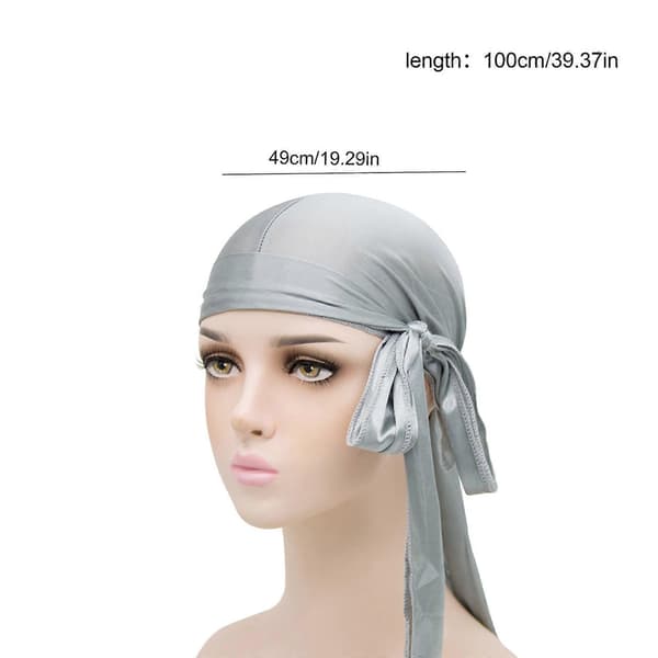 Raske leveranser Silkeaktige Durag-luer, elastiske silkeaktige Durag-luer med lang hale, hodeplagg, myke hodeplagg for kvinner og menn Silver