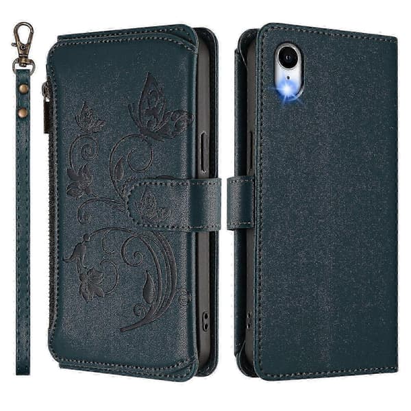 Plånboksfodral för iPhone XR Broderad Fjäril 5 Kort ..._c* Teal