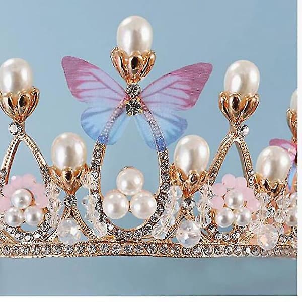 Prinsesse-tiaraer til piger, krystal-tiara perle-prinsessekrone-hårbånd (sommerfuglekrone)