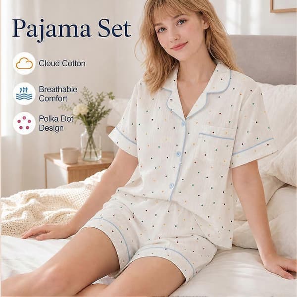 Cloud Cotton Pyjamassæt - Knap-op-top Elastik i taljen til kvinder - Sommer White M
