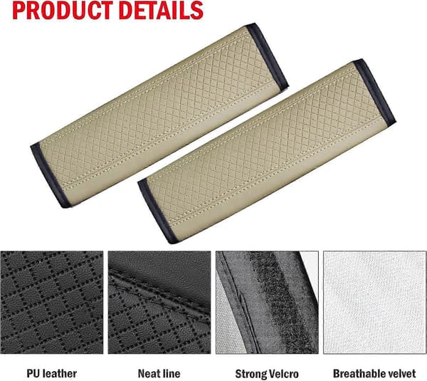 LINJOU Säkerhetsbälteskuddar Läder Säkerhetsbältesskydd, Beige-2st