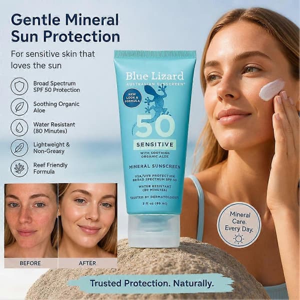 Blue Lizard Australian Sunscreen, Sensitive Mineral Sunscreen, SPF 50, 5 fl oz (148 ml) 148ml 1pcs