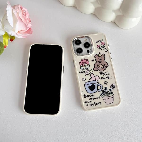 Cute Cartoon Bear Rabbit Cake Flower Pot Soft Phone Case Compatible with iPhone Case (White, for iPhone 16 Pro Max)