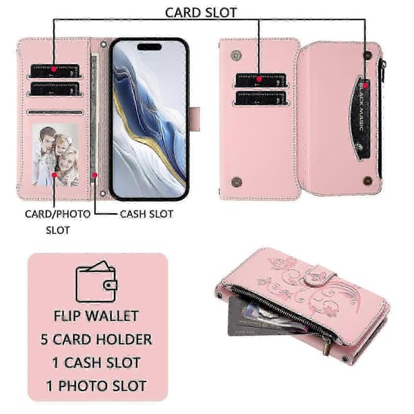 Plånboksfodral för iPhone XR Broderad Fjäril 5 Kort ..._c* Pink