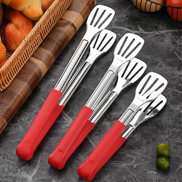 Serveringstang i rustfritt stål med grep, 3-linjers spaltet hode for BBQ og buffetkjøkken Red M