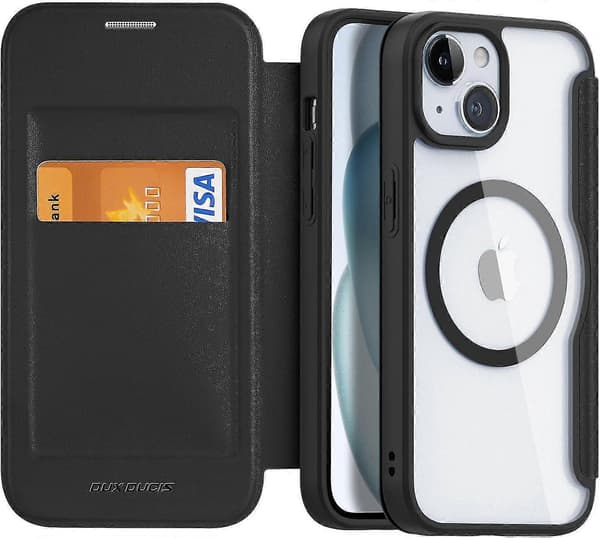 Magnetic Case for iPhone 15 with Magsafe Premium Flip Leather Card Holder with Blocking Clear Shockproof Phone Case (Black)
